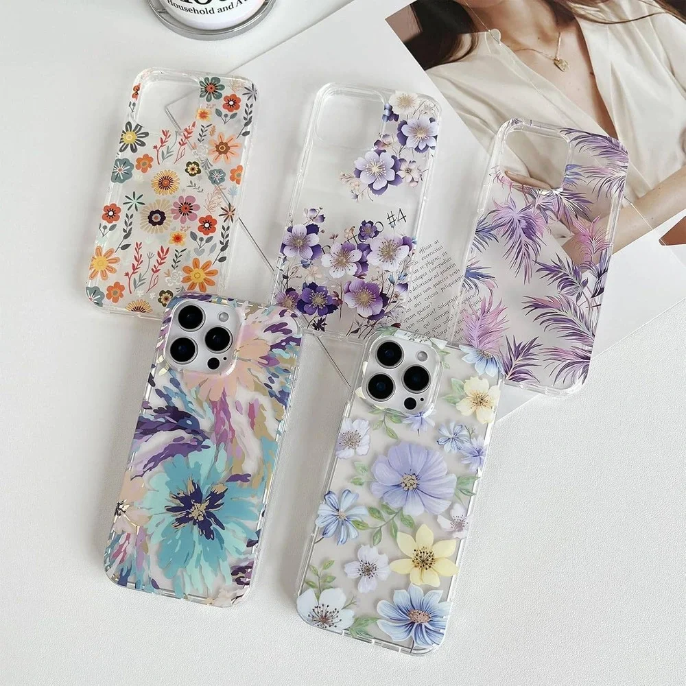 Floral Clear iPhone 14‎ Pro Max Case Purple Yellow Blue Flower TPU Cover